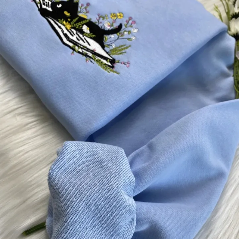 Cat Cute Book Flower Embroidered Sweatshirt