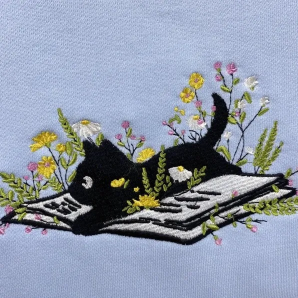Cat Cute Book Flower Embroidered Sweatshirt