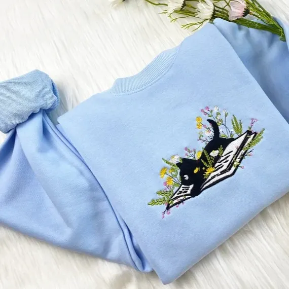Cat Cute Book Flower Embroidered Sweatshirt