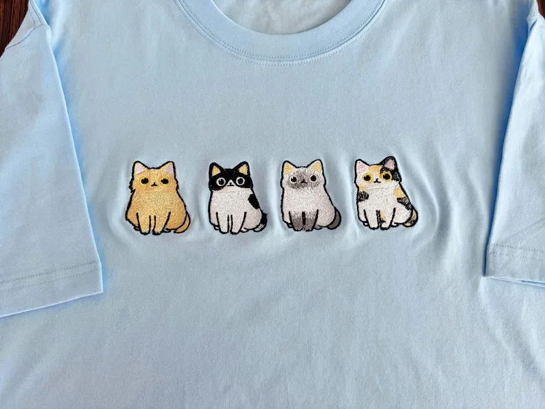 Cat Cute Vintage Embroidered T-Shirt