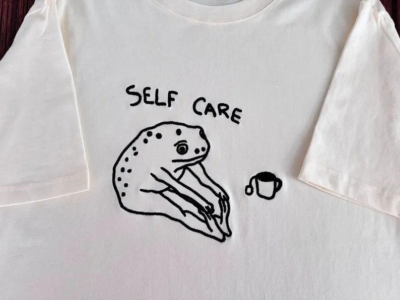 Self Care Frog Vintage Embroidered T-Shirt