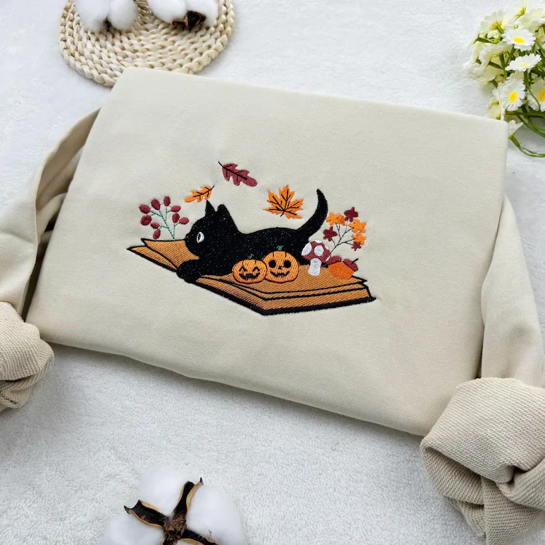 Black Cat Halloween Embroidered Sweatshirt