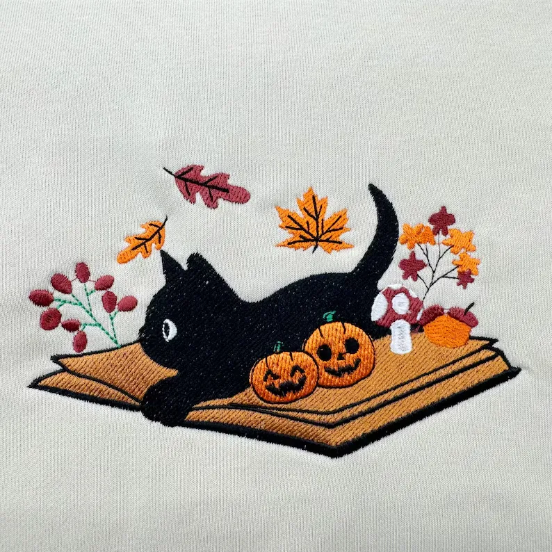 Black Cat Halloween Embroidered Sweatshirt