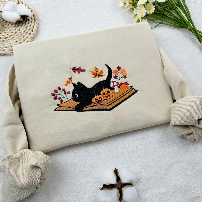 Black Cat Halloween Embroidered Sweatshirt